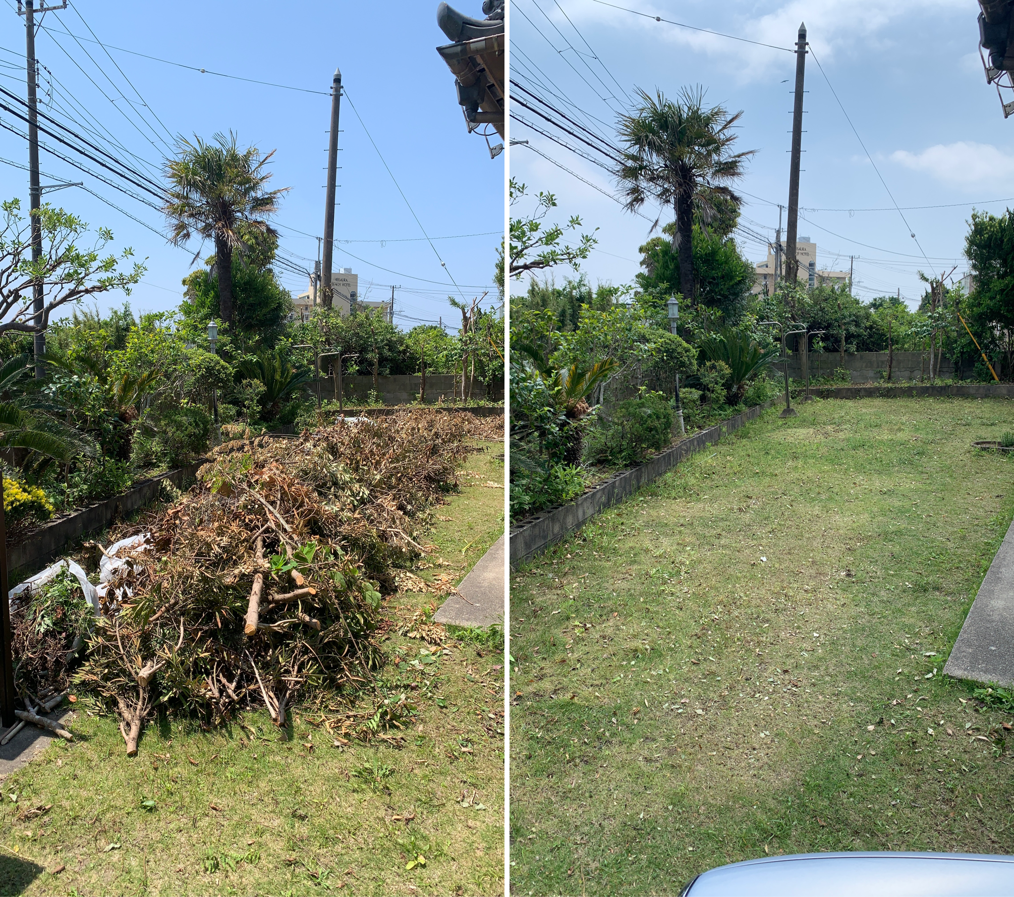 南房総市・移住前の中古物件の庭木整理 before / after。枝の山が積まれた庭が、片付け後はすっきりした状態に。