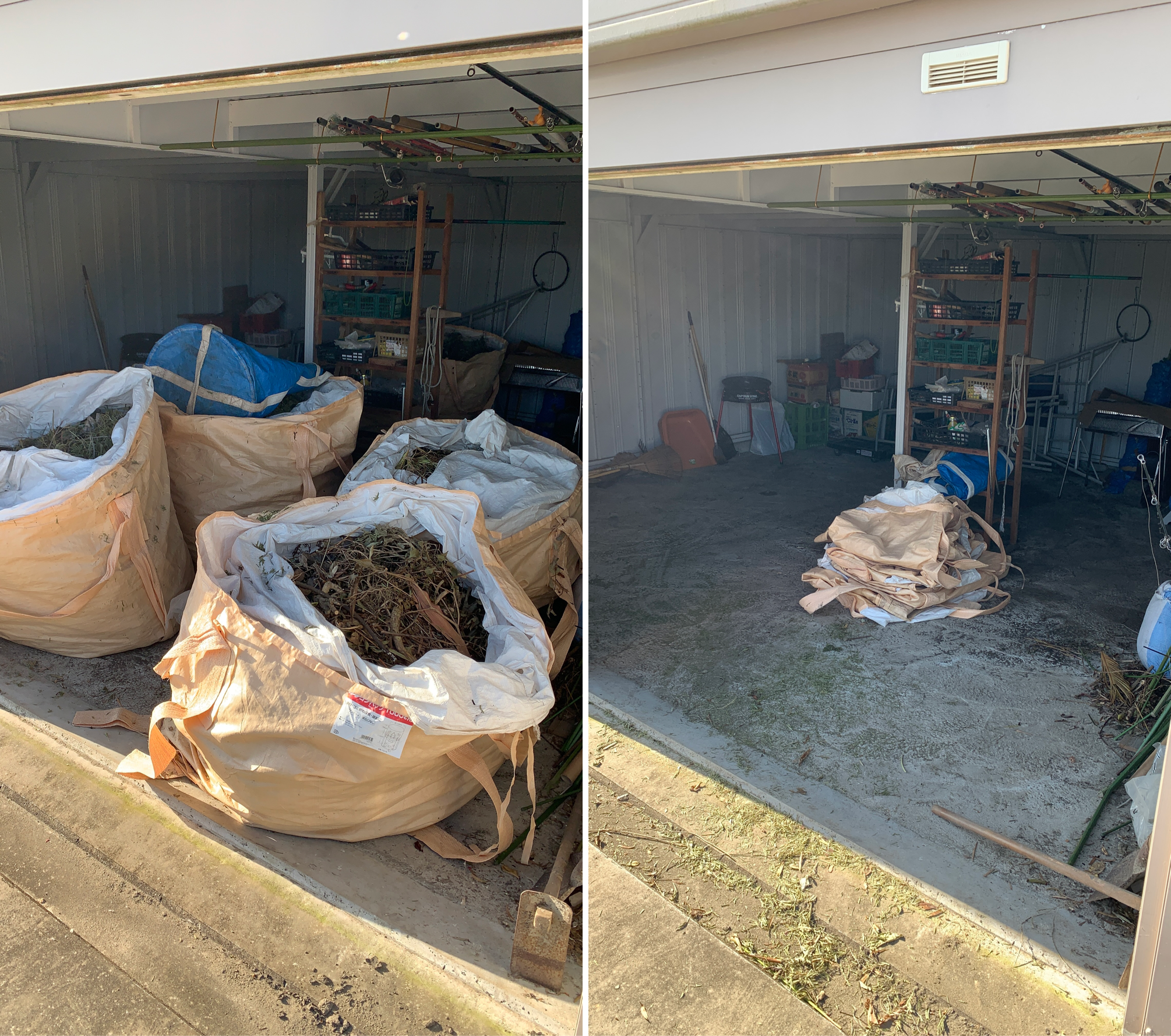 南房総市・別荘の自己管理で溜まった伐採枝 before / after。物置内にトン袋5袋が積まれた状態が、回収後は空になった状態に。