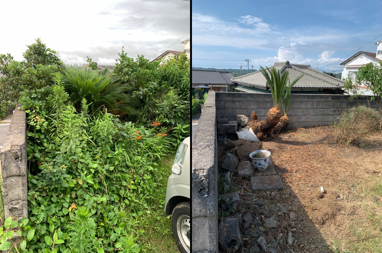 植木鉢・残骸が紛れた難所の草刈り・除草 ビフォーアフター